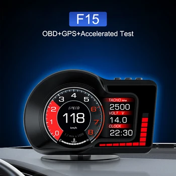 Авто Централен Дисплей OBD GPS Двойна Система за Бърз Тест за измерване на Скоростта 8 Цвята HUD F15 6 Функции аларма Сензор оборота в минута