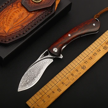 Открит остър сгъваем нож Непалски нож джоба Дамасская ковано желязо стомана портативен преносим коллекционный нож частици сандалово дърво